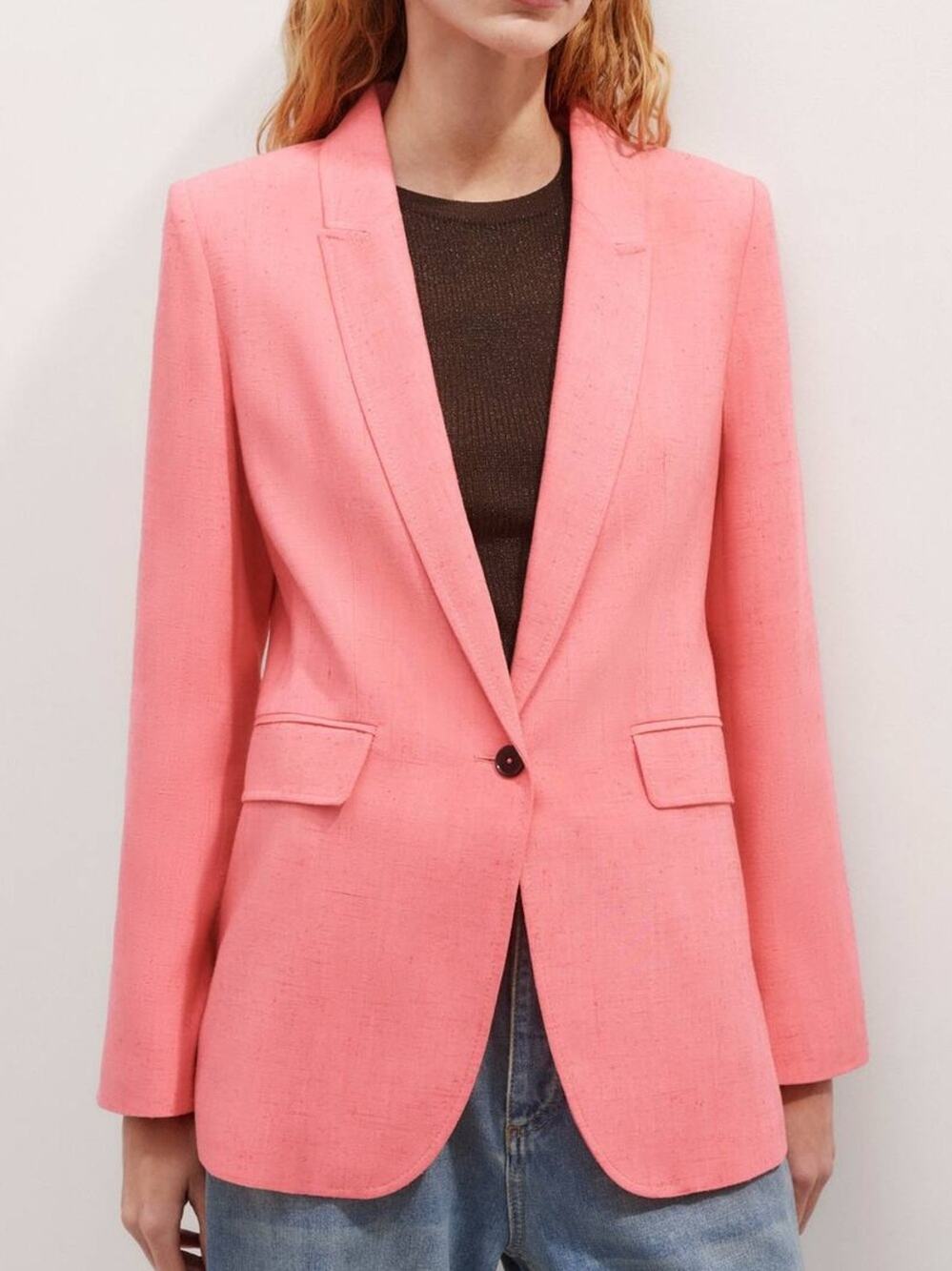 ME + EM Camellia Pink Sharp Shoulder Blazer Viscose Silk Jacket Sz 12